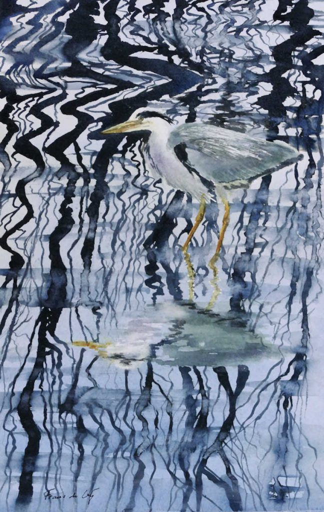 bird watercolour painting of heron with reflections