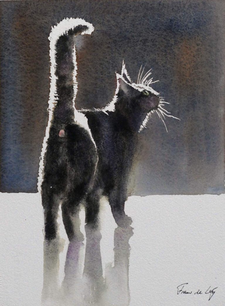 Watercolour painting of cat with backlight
