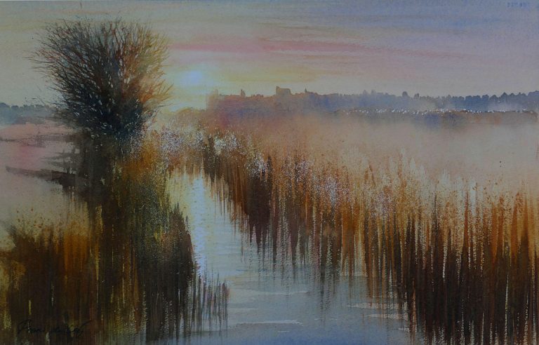 landscape painting of a sunset over the arun valley