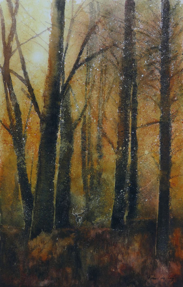 Landscape painting of autumn wood at rake hanger