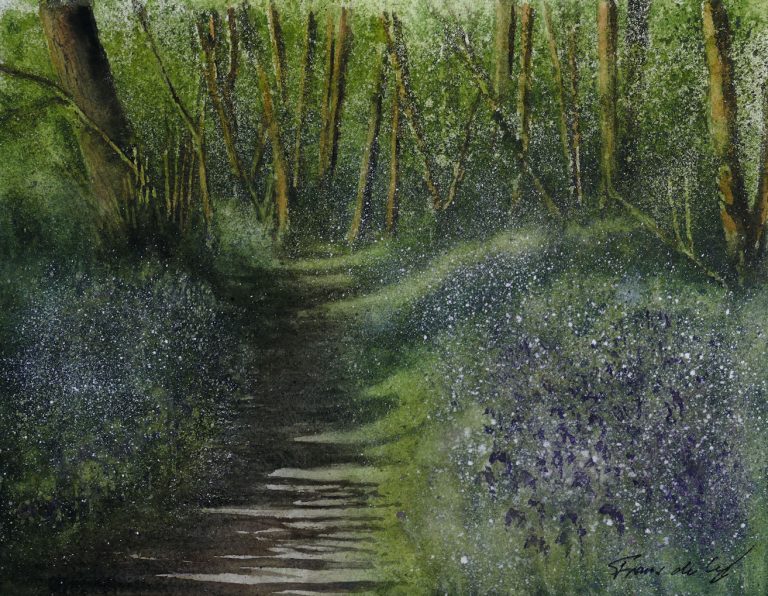 landscape painting with bluebells and stitchwort