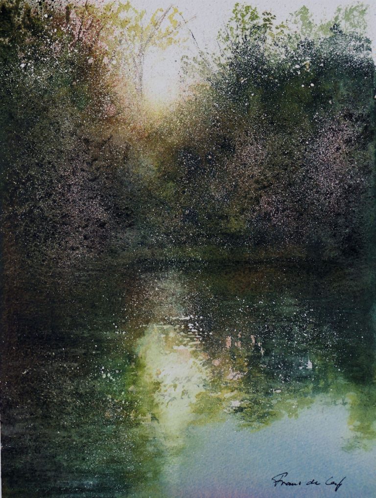 landscape painting of woodland pool with reflections