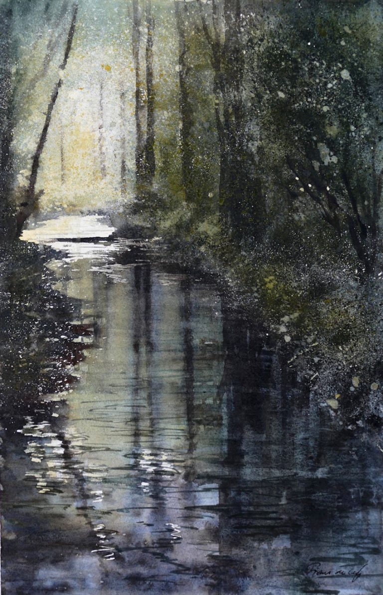 landscape painting with trees reflections in a woodland stream