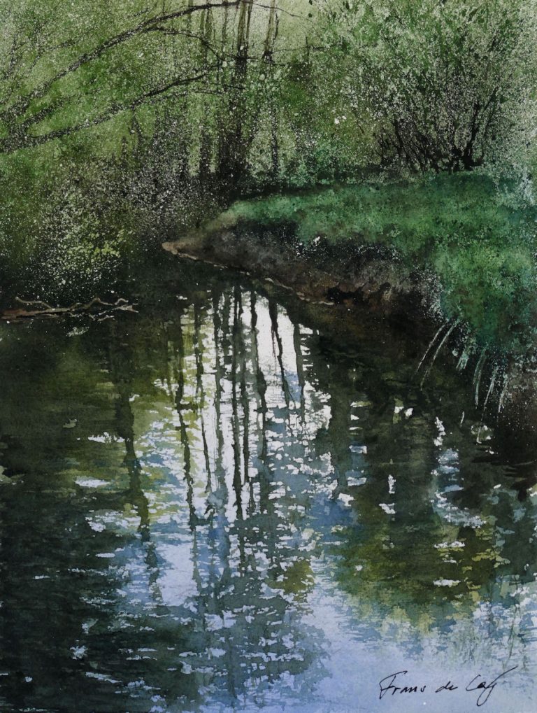 landscape painting of the river rother with tree reflections