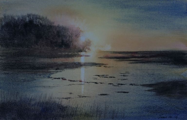 landscape painting of sunset over chichester harbour at itchenor