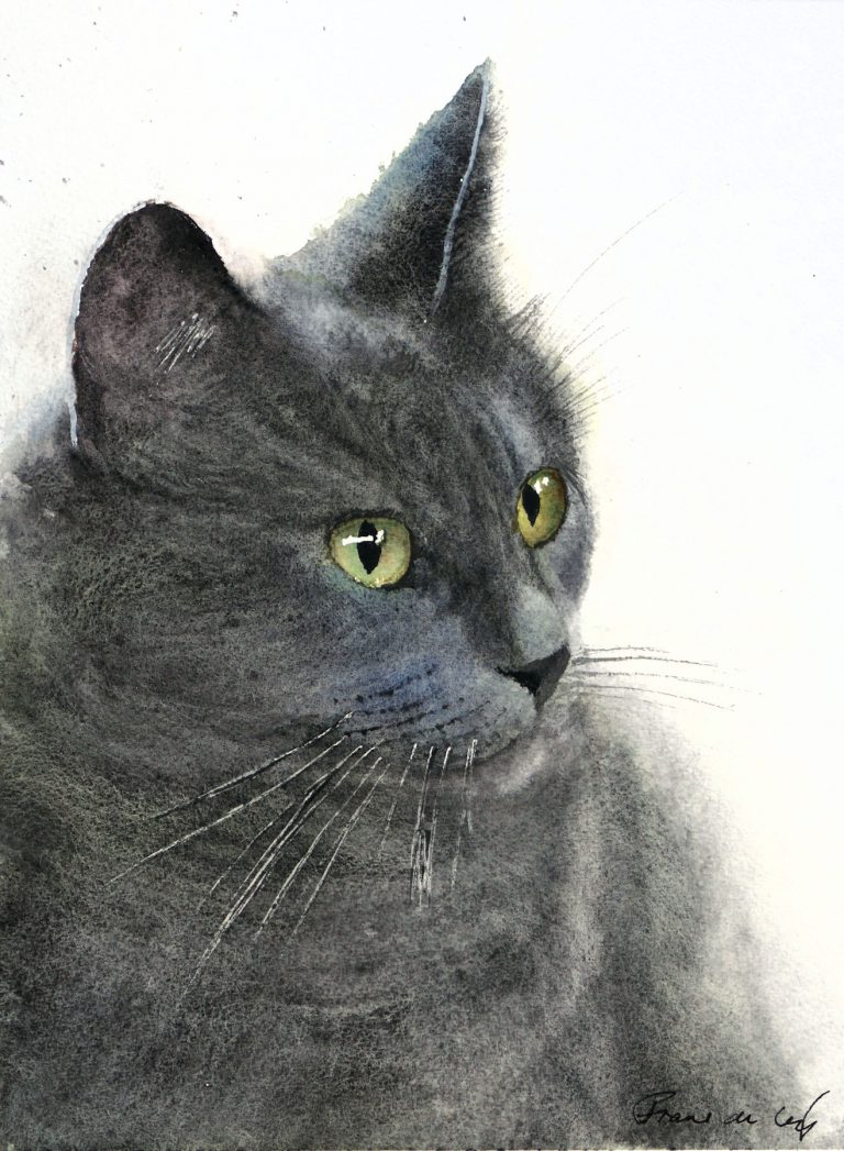 pet portrait painting of a russian blue cat