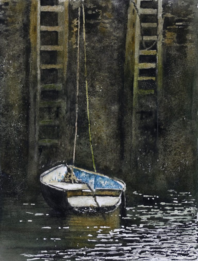 Watercolour painting of a dinghy moored against the harbour wall