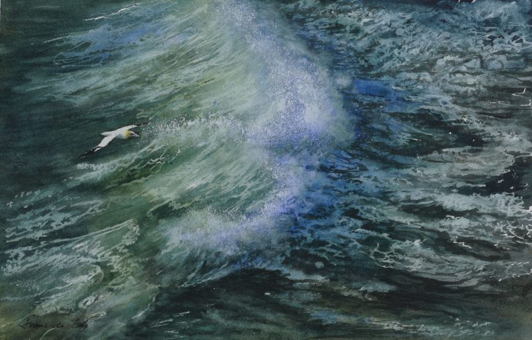 Seascape painting of rolling waves and a gannet