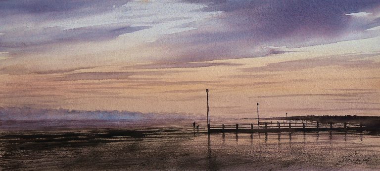 seascape painting of groynes at low tide