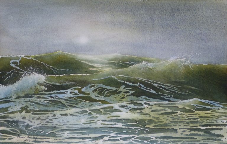 Seascape painting of a moonlit sea with large waves