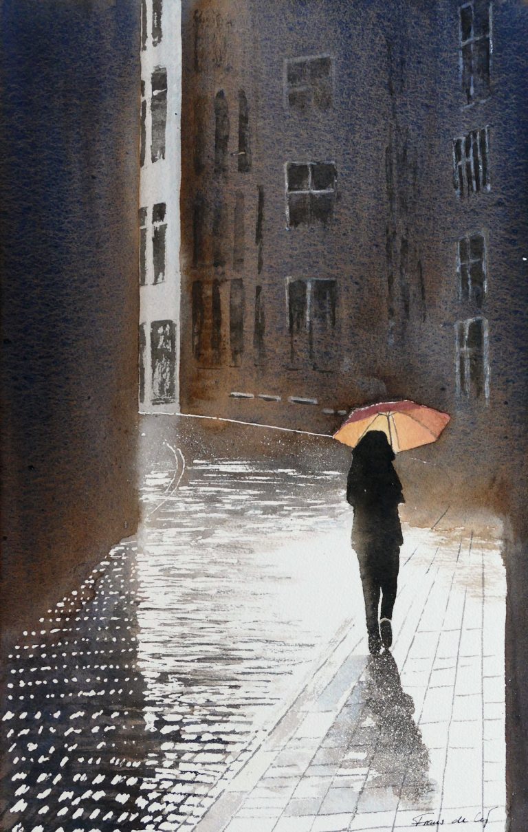 watercolour painting of a girl with an orange umbrella
