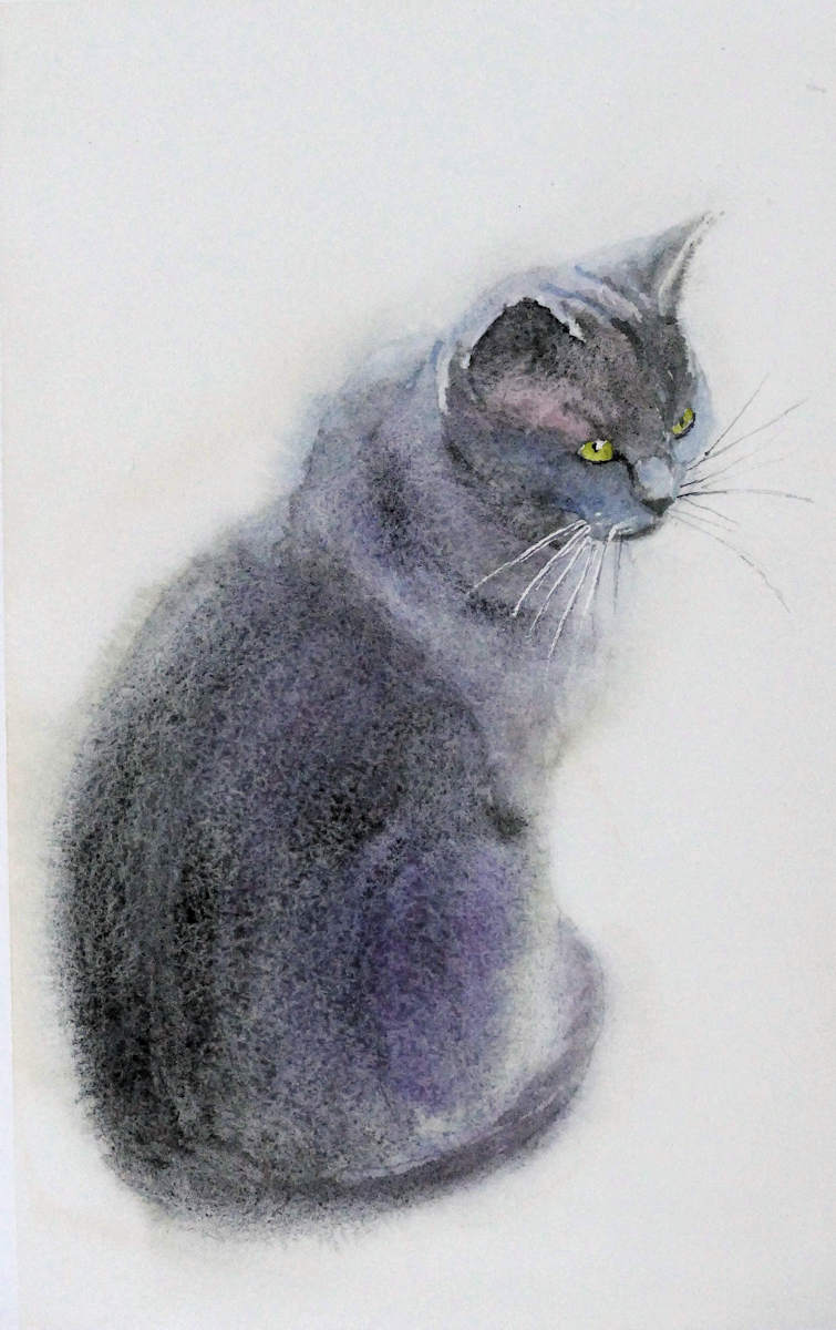 watercolour painting of cat sitting by frans de leij