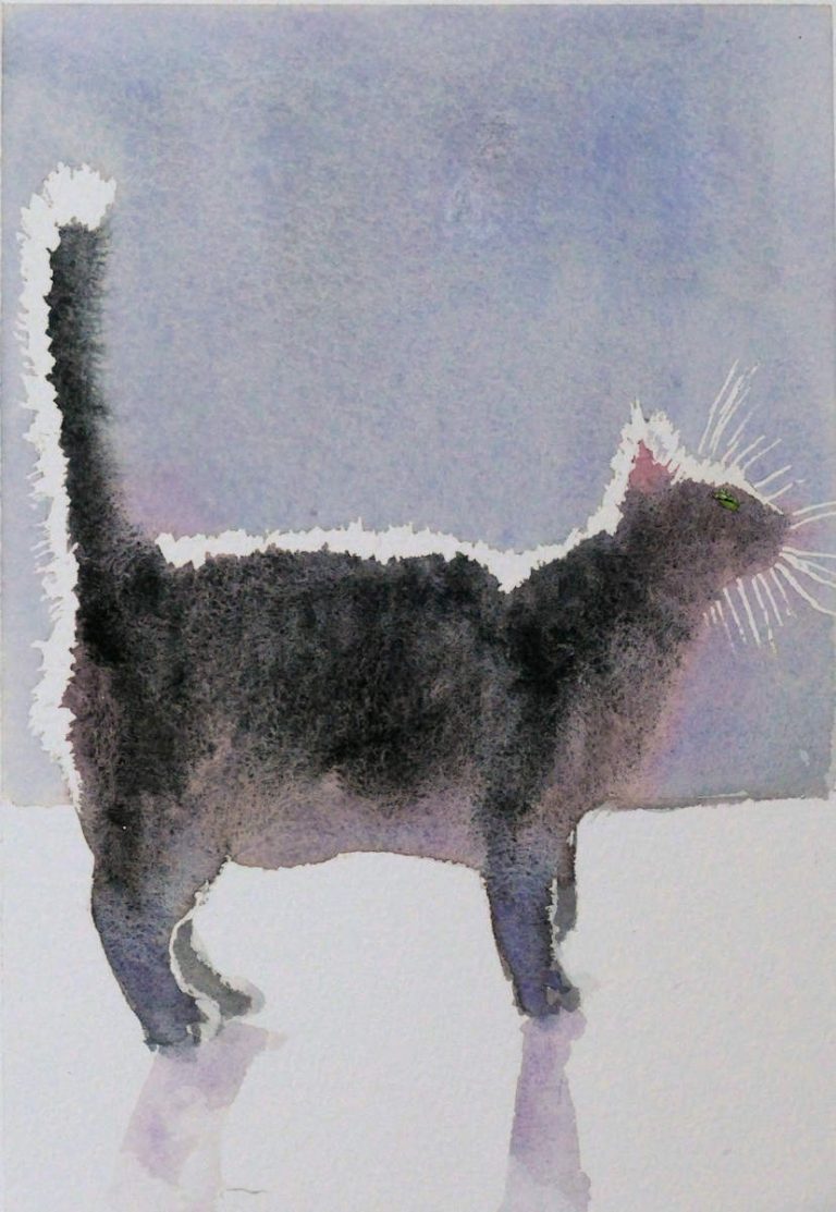 Watercolour painting of cat waiting for its dinner