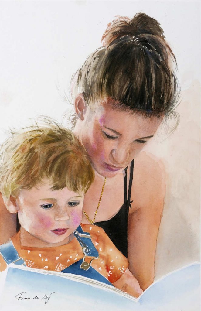 Watercolour painting of woman and child