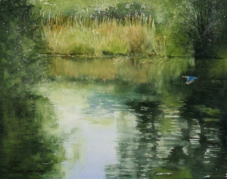 Watercolour painting of kingfisher by Frans de leij
