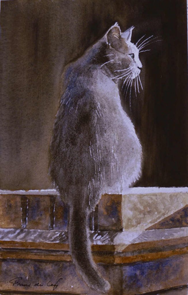 Watercolour Painting of cat sitting on a wall by Frans de Leij