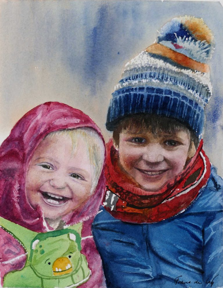 Watercolour Portrait Painting of two children by Frans de Leij