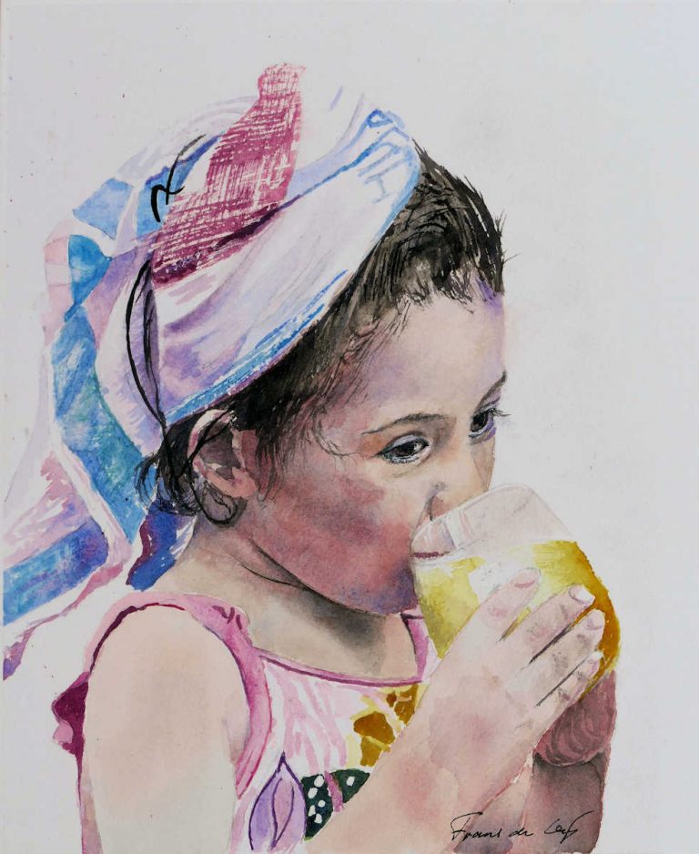 Watercolour Portrait Painting of girl drinking juice by Frans de Leij