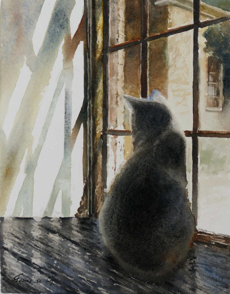 Watercolour painting of cat sitting in front of window by Frans de Leij