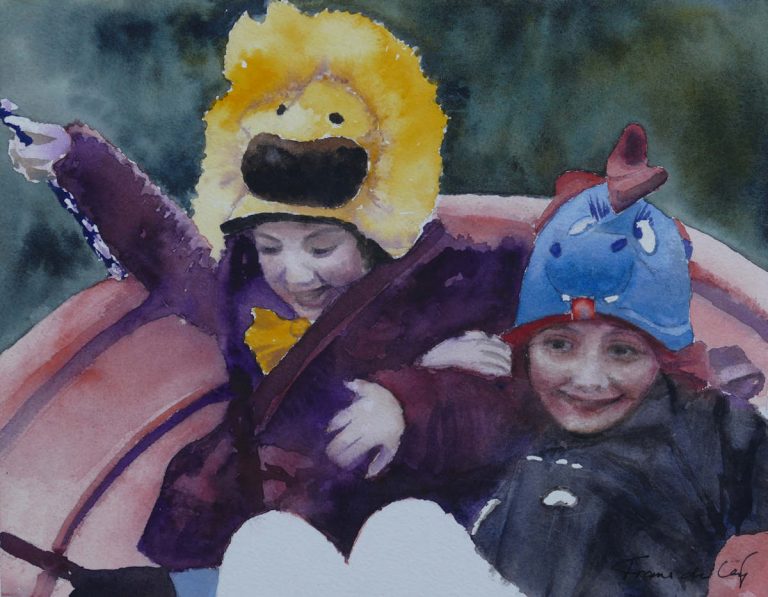 Watercolour painting of children playing on a swing by Frans de Leij