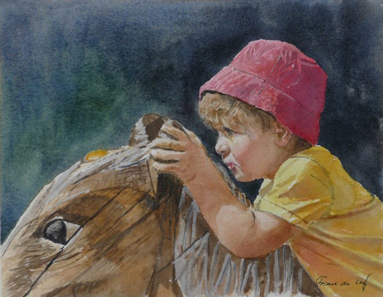 Watercolour Painting of boy riding a wooden horse by Frans de Leij