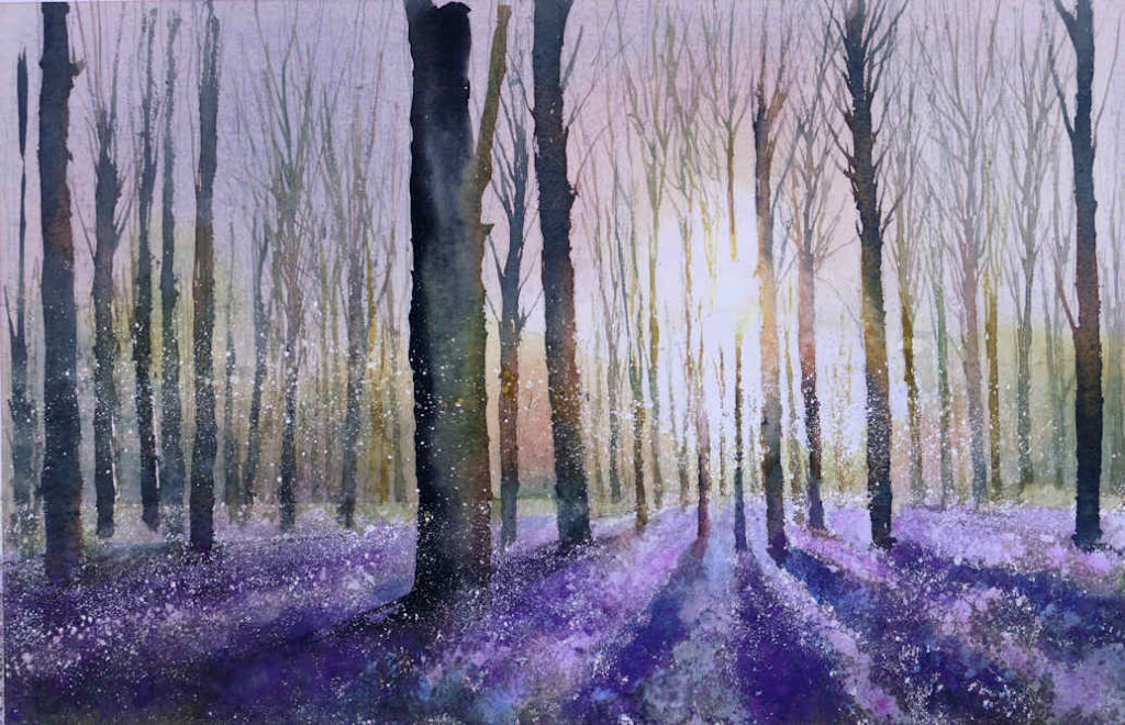 Watercolour painting of a bluebell wood by Frans de Leij