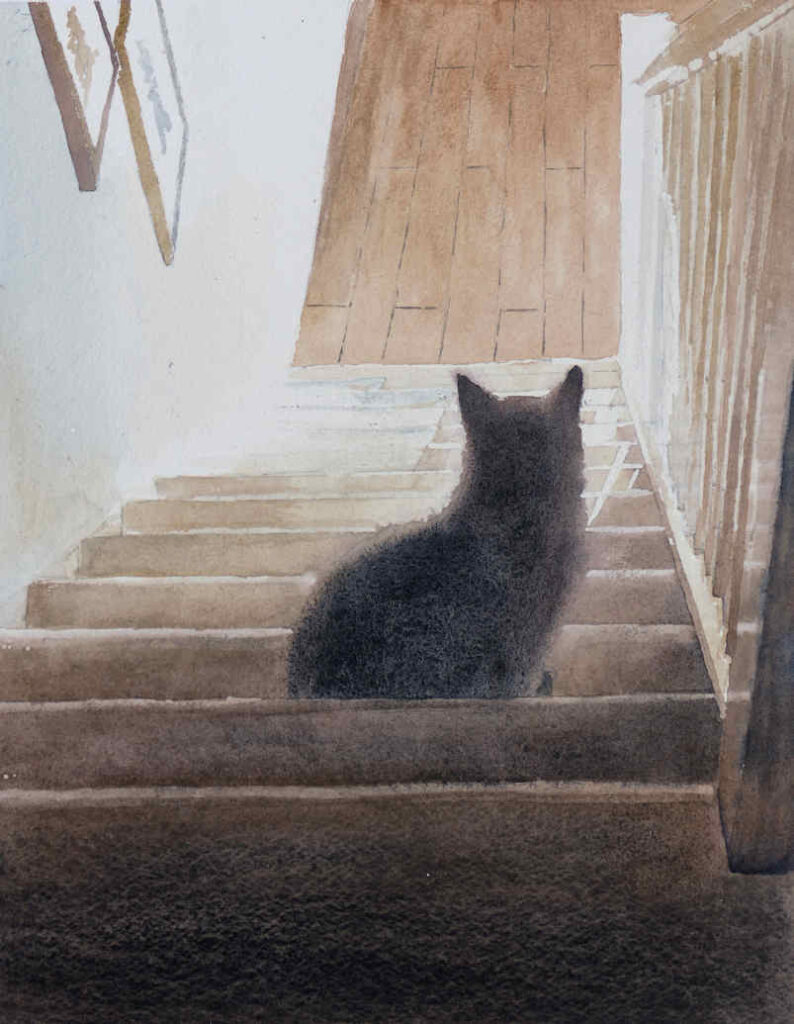 Watercolour painting by Frans de Leij of cat sitting on the stairs